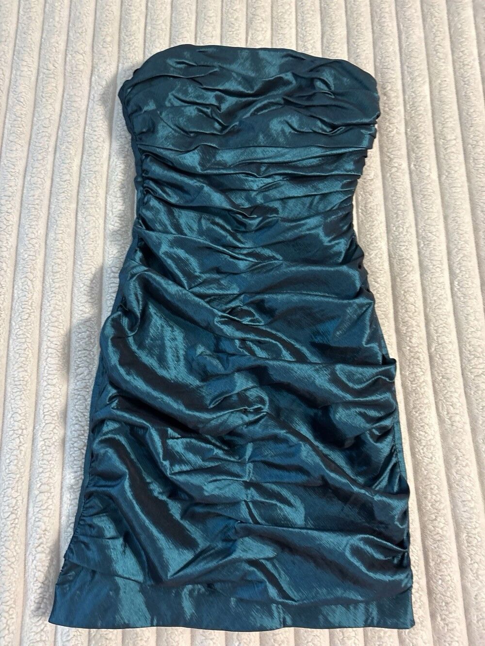 Vintage 90s Jessica McClintock Ruched Cocktail Mini Dress Women Size 4 Teal Blue